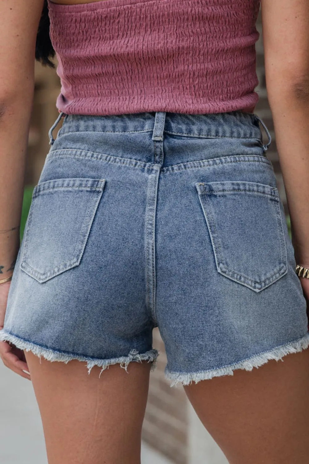 Pearl Beaded Raw Hem Wash Denim Shorts - Tigbul's Variety Fashion Shop
