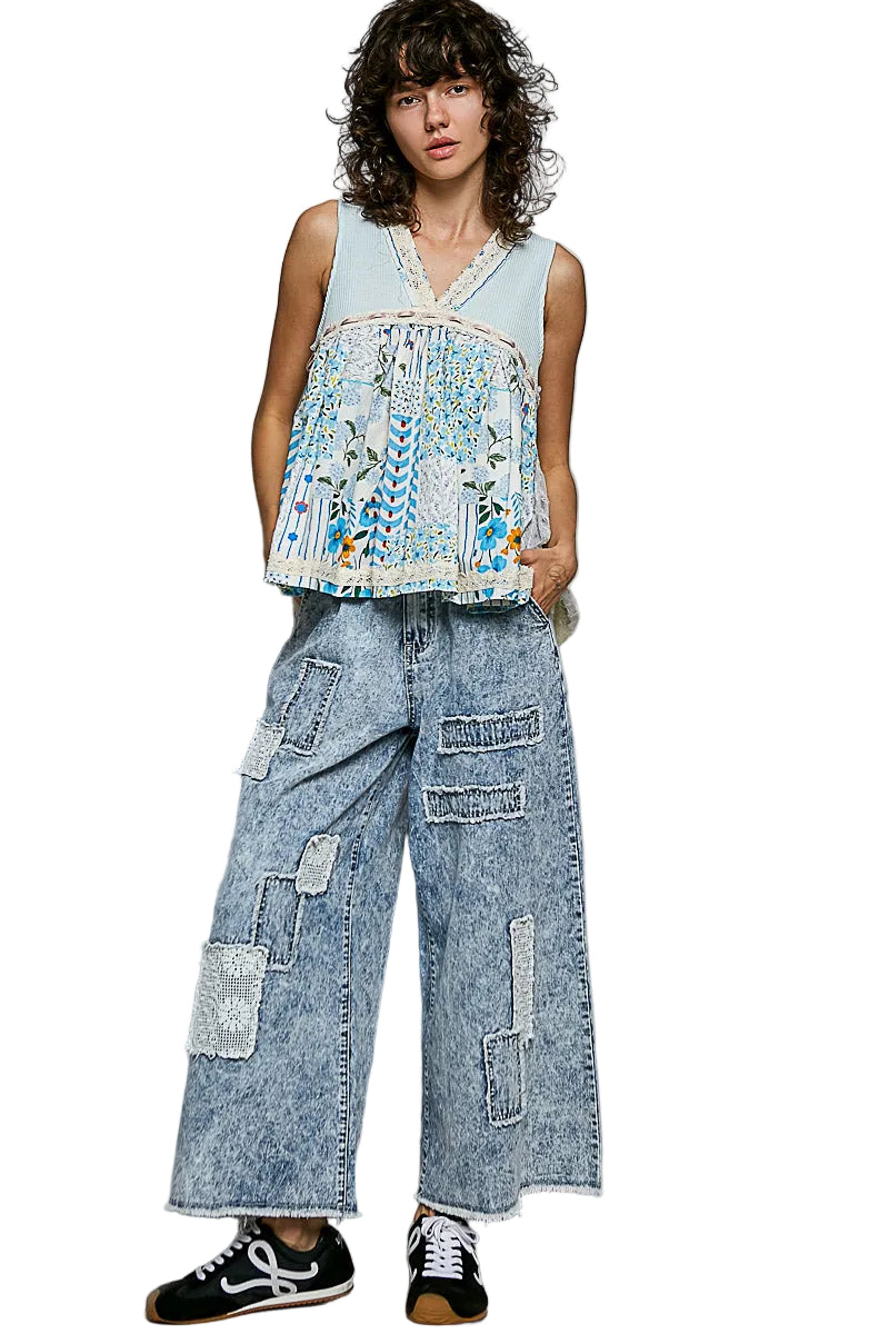 POL Light Blue Floral V-Neck Sheer Tank with Lace Trim | Tigbuls