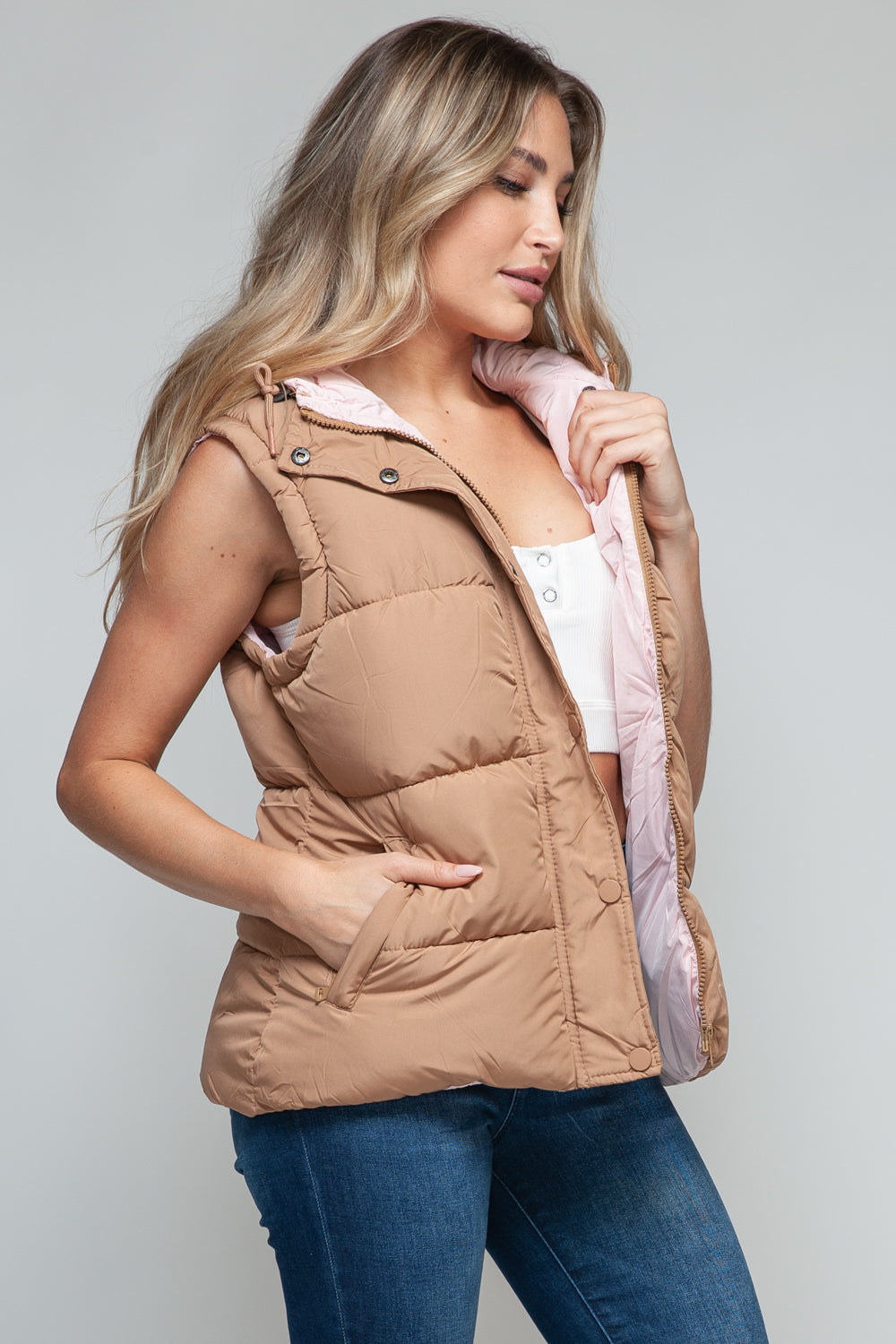 Snobbish Snap and Zip Closure Hooded Vest - Tigbul's Variety Fashion Shop