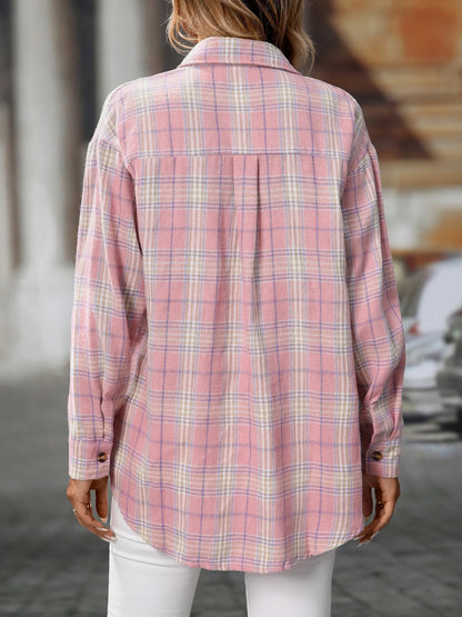 Plaid Button-Down Oversized Shirt - Tigbul's Variety Fashion Shop
