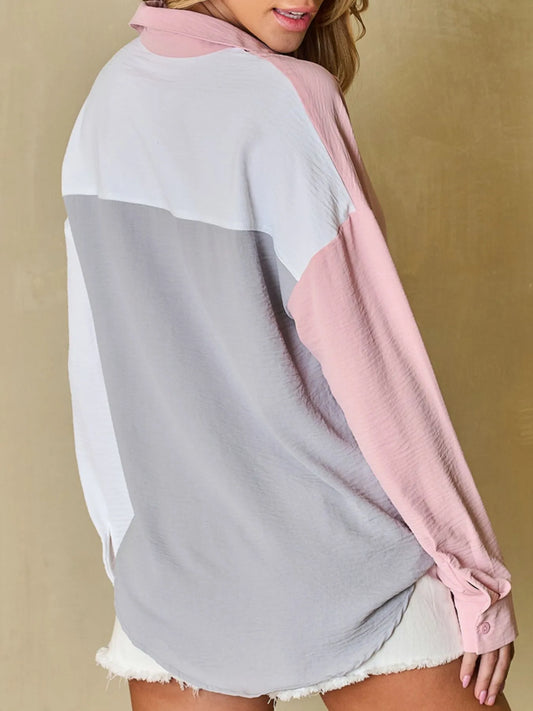 Color Block Oversized Button-Up Shirt with Chest Pocket - Tigbul's Variety Fashion Shop