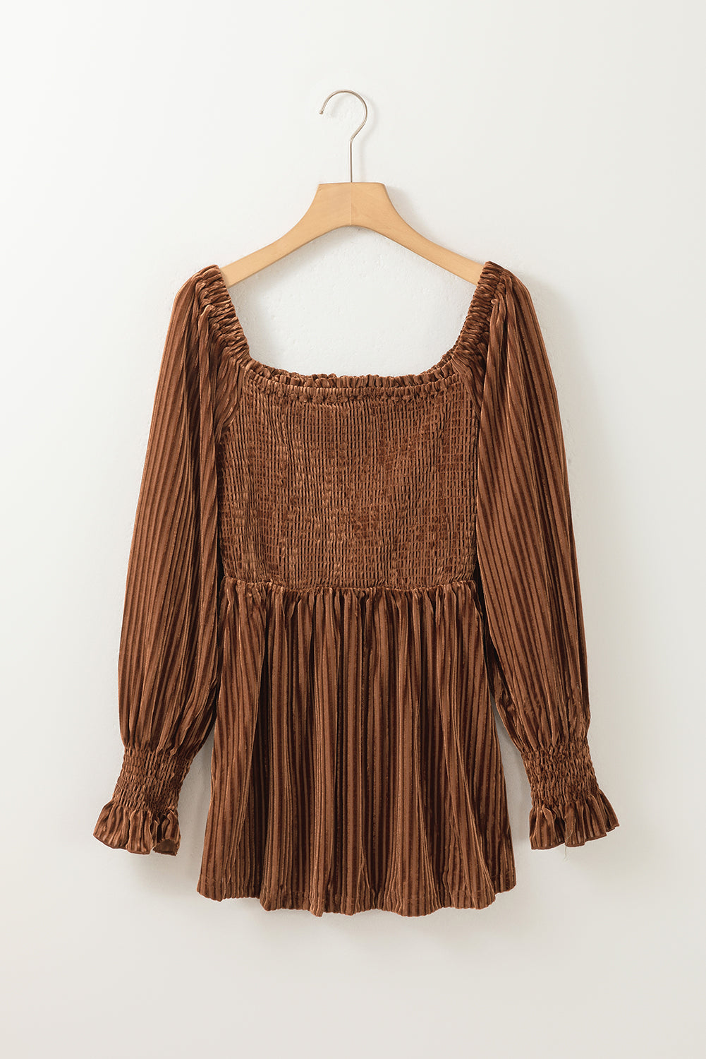 Smocked Ribbed Velvet Babydoll Top - Tigbul's Variety Fashion Shop