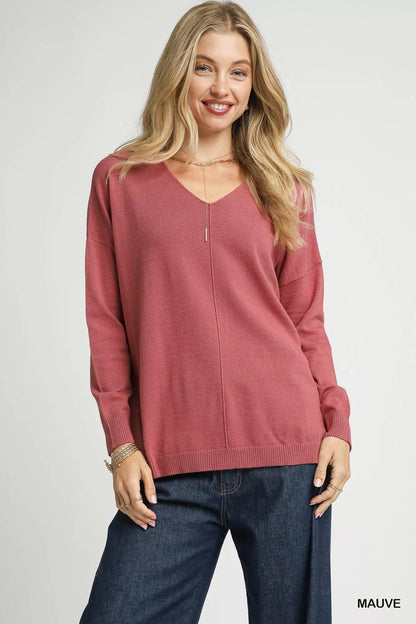 Umgee V-Neck High Low Hem Knit Top with Side Slit - Tigbul's Variety Fashion Shop