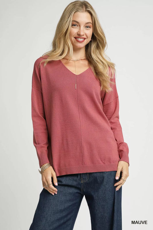 Umgee V-Neck High Low Hem Knit Top with Side Slit - Tigbul's Variety Fashion Shop