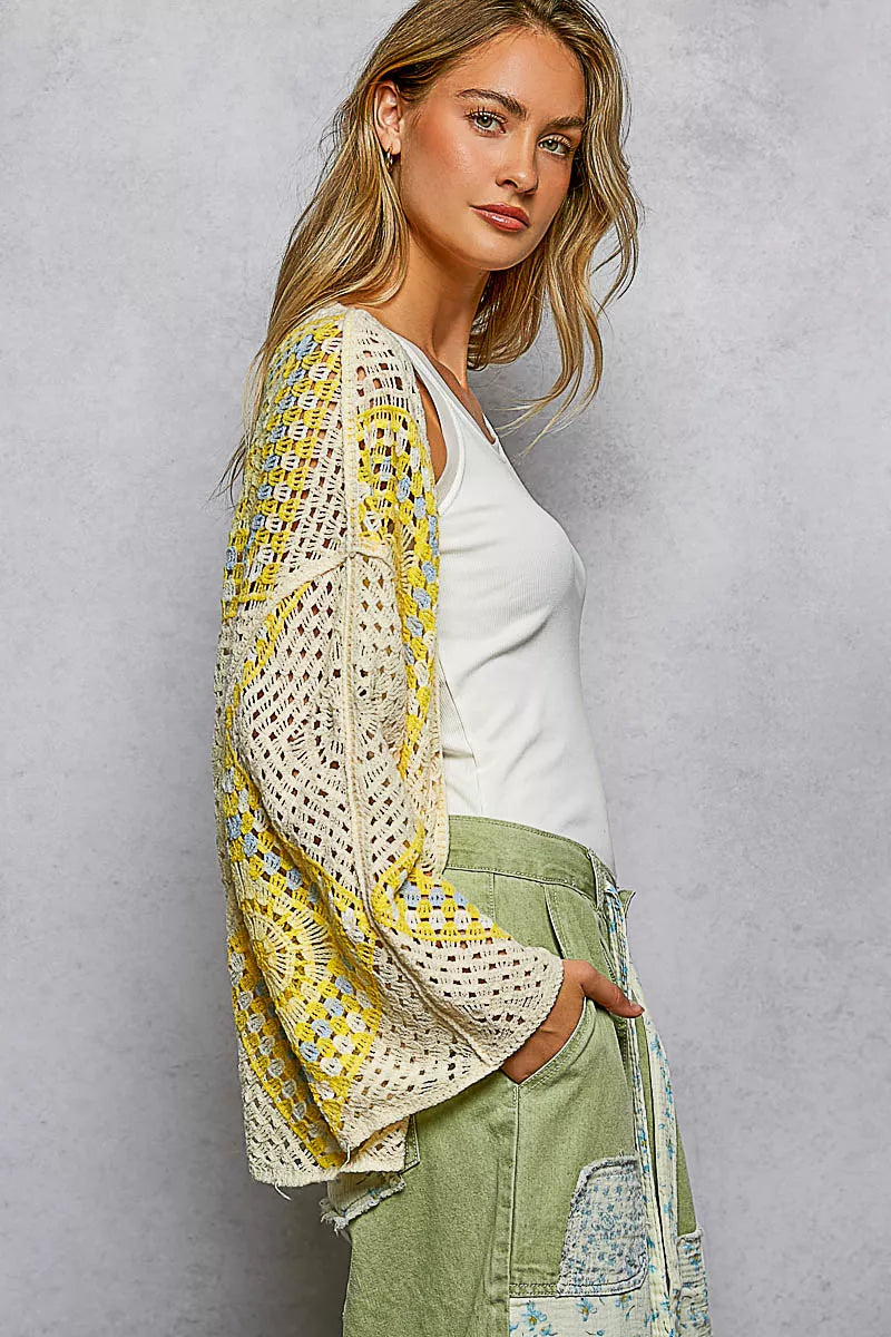 POL Open Front Crochet Cardigan with Granny Square Pattern - Tigbul's Variety Fashion Shop