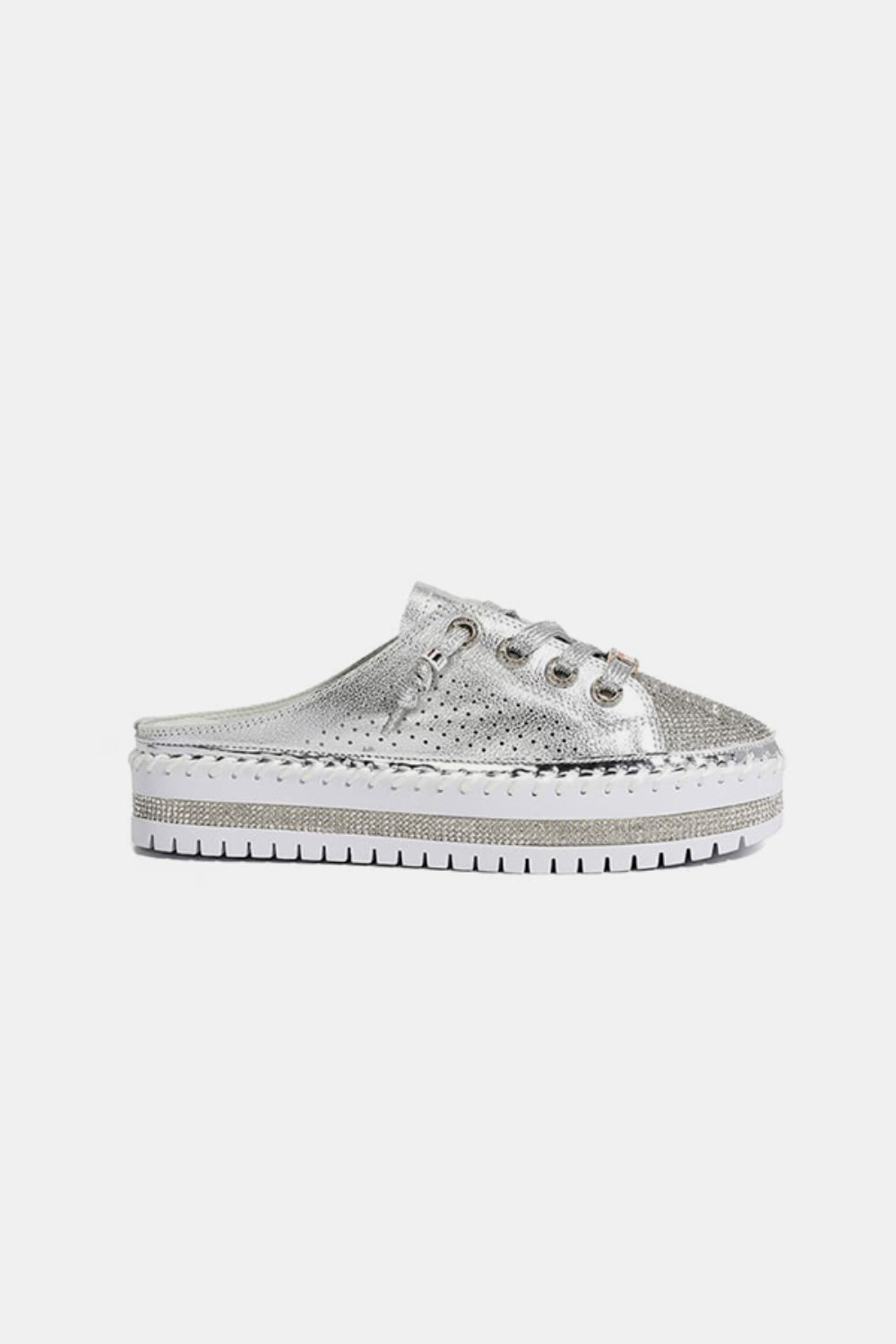 Silver Rhinestone Round Toe Platform Slip On Shoes | Tigbuls