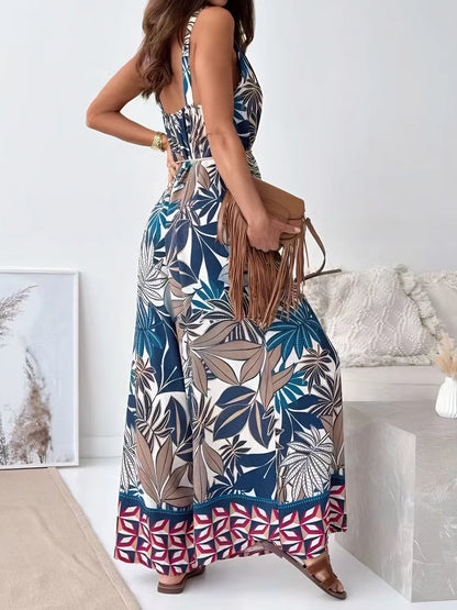 Printed V-Neck Wide Leg Jumpsuit - Tigbul's Variety Fashion Shop
