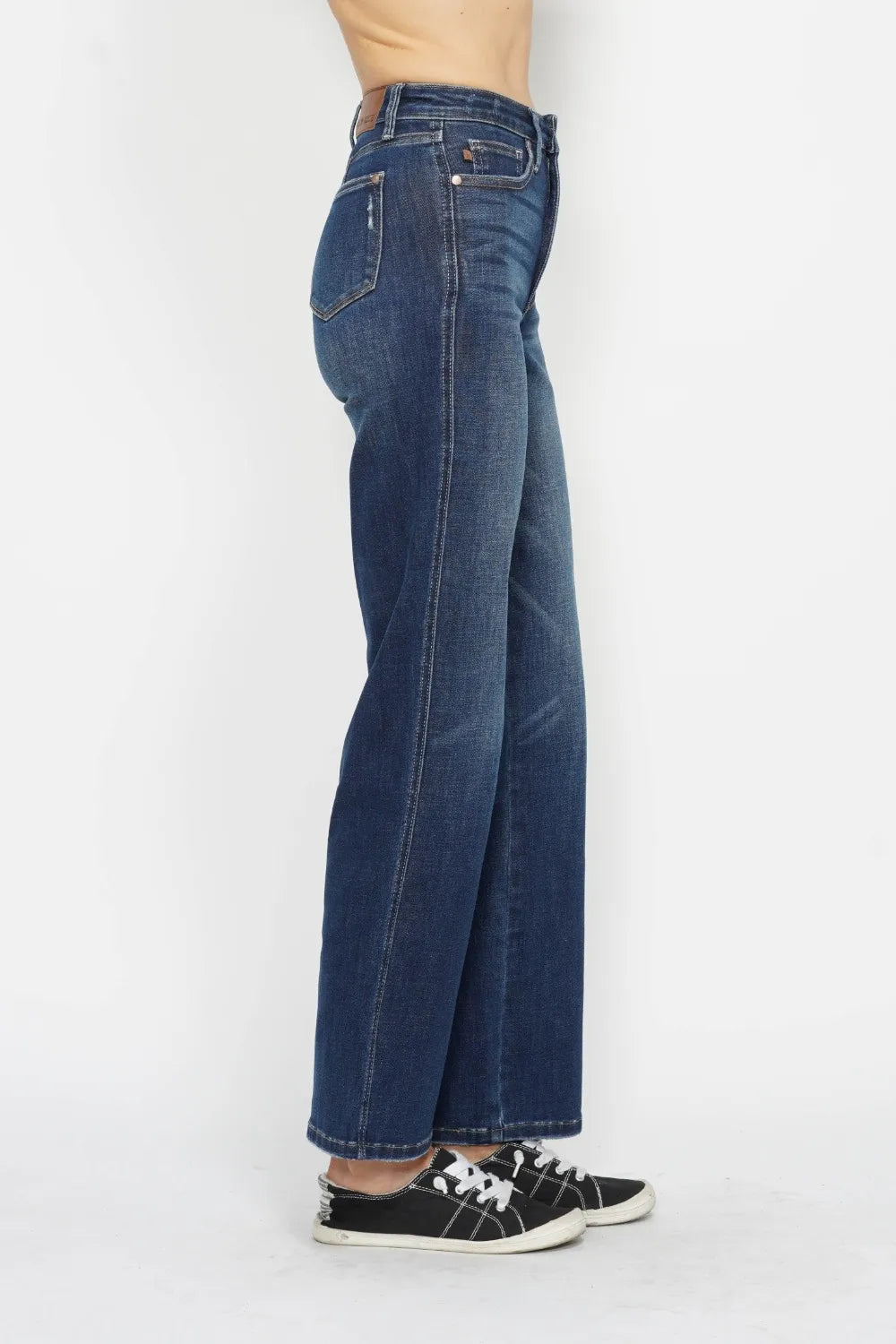 High-waist tummy control jeans, dark wash, front side seam and five-pocket styling.