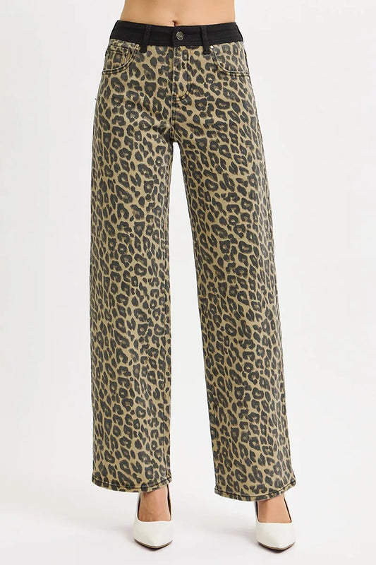 RISEN High Rise Wide Leg Leopard Printed Jeans with Contrast Waist Band Detail - Tigbul's Variety Fashion Shop