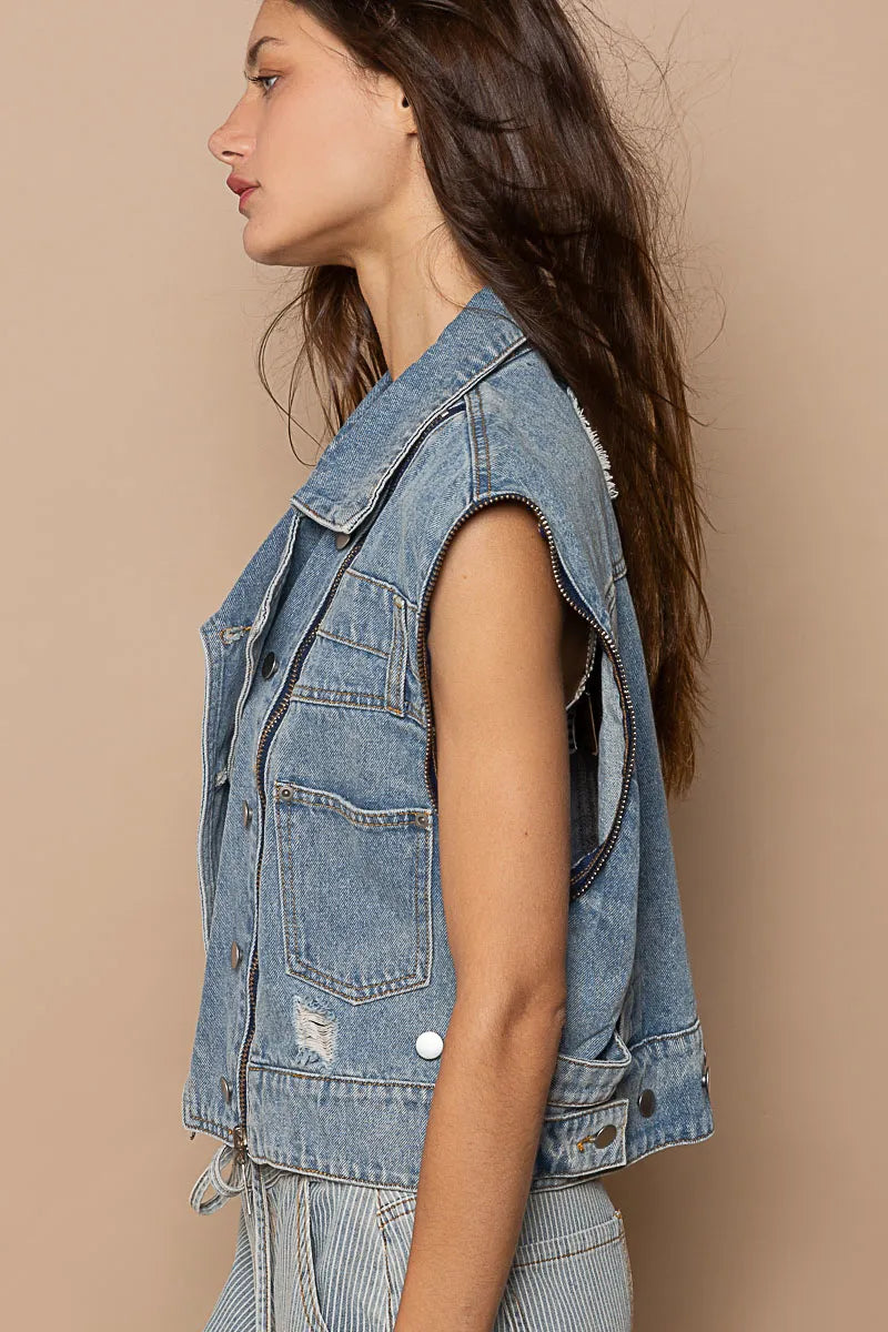 POL Cropped Denim Jacket with Functional Zipper Detail - Tigbul's Variety Fashion Shop