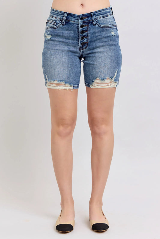 Judy Blue Button Fly Mid Length Denim Shorts W/ Destroy - Tigbul's Variety Fashion Shop