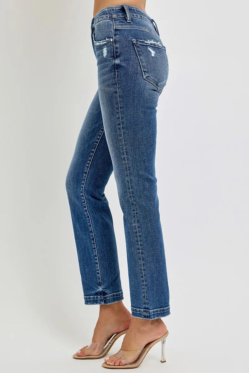 RISEN Full Size Tummy Control Elastic Band Mid Rise Straight Jeans Plus Size - Tigbul's Variety Fashion Shop