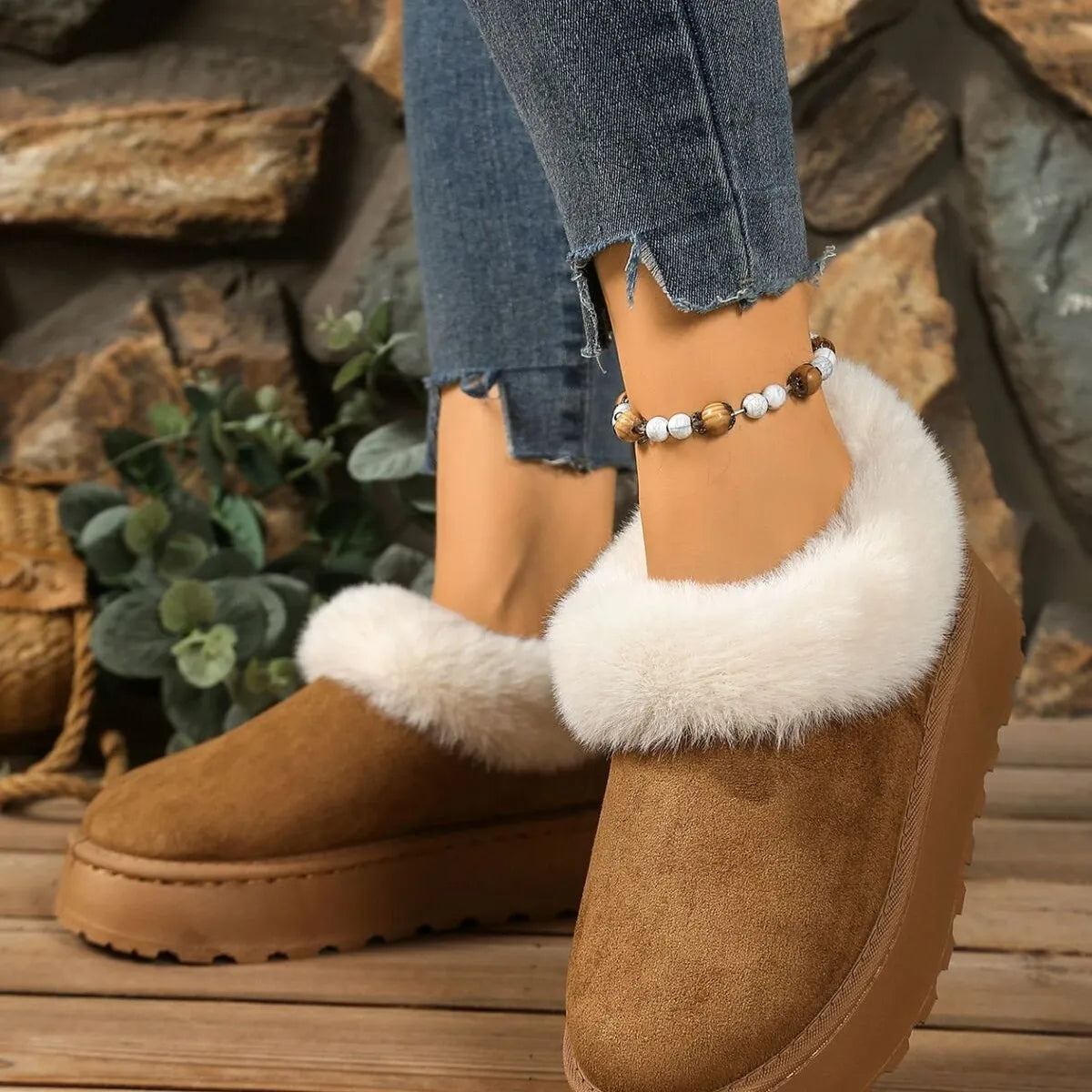 Fuzzy Trim Round Toe Platform Boots - Tigbul's Variety Fashion Shop