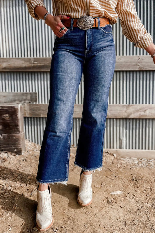 Mineral Wash Raw Hem High Waist Flared Jeans - Tigbul's Variety Fashion Shop