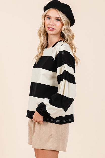 Striped Snap Shoulder Long Sleeve T-Shirt - Tigbul's Variety Fashion Shop