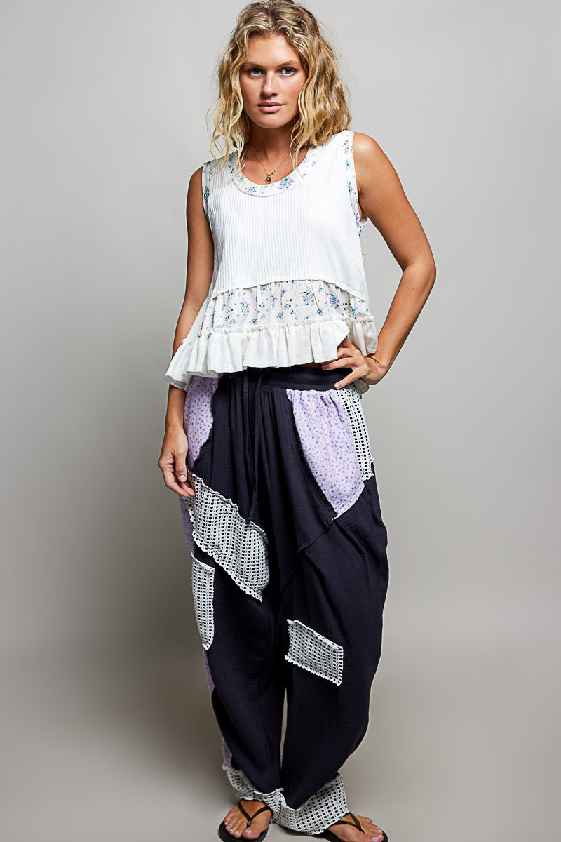 Floral Print Patch Ribbed Tank with Double Gauze Ruffle Accents | Tigbuls