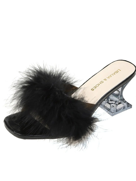 Fluffy Strap Block Heel Sandals - Tigbul's Variety Fashion Shop