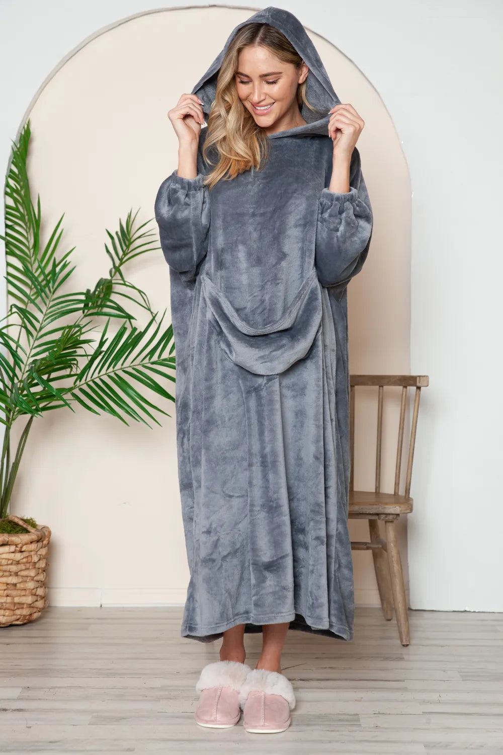 Dark Gray pocketed hooded midi lounge dress with long sleeves and front pocket