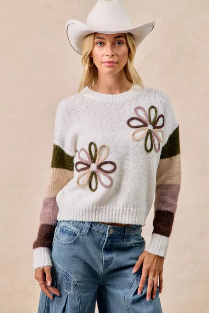 BiBi Flower Color Block Sweater - Tigbul's Variety Fashion Shop