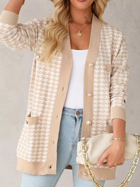 Contrast Edge Metal Button Slim Cardigan with Pockets - Tigbul's Variety Fashion Shop