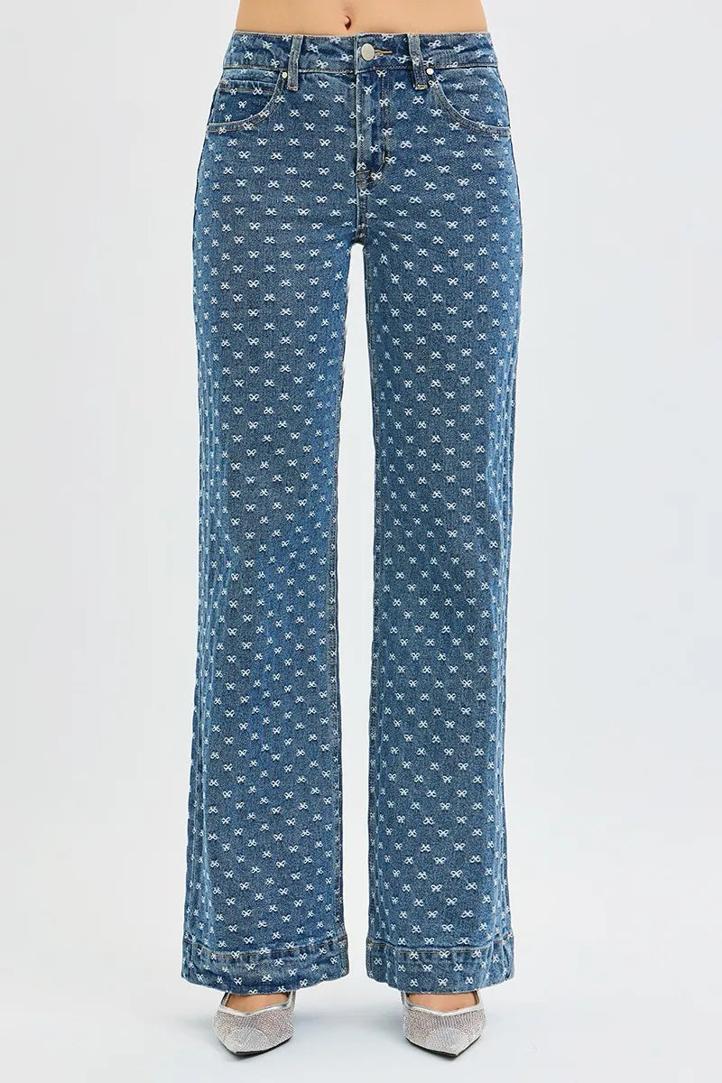 RISEN High Rise Wide Leg Bow Embroidered Jeans - Tigbul's Variety Fashion Shop