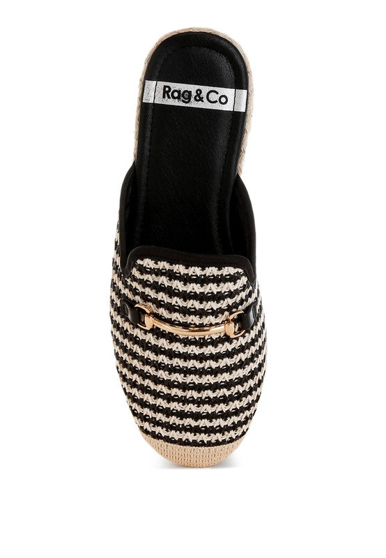 Raffia Slip-On Mule hinten, schwarz gefüttertes Innenfutter mit Logo-Aufdruck