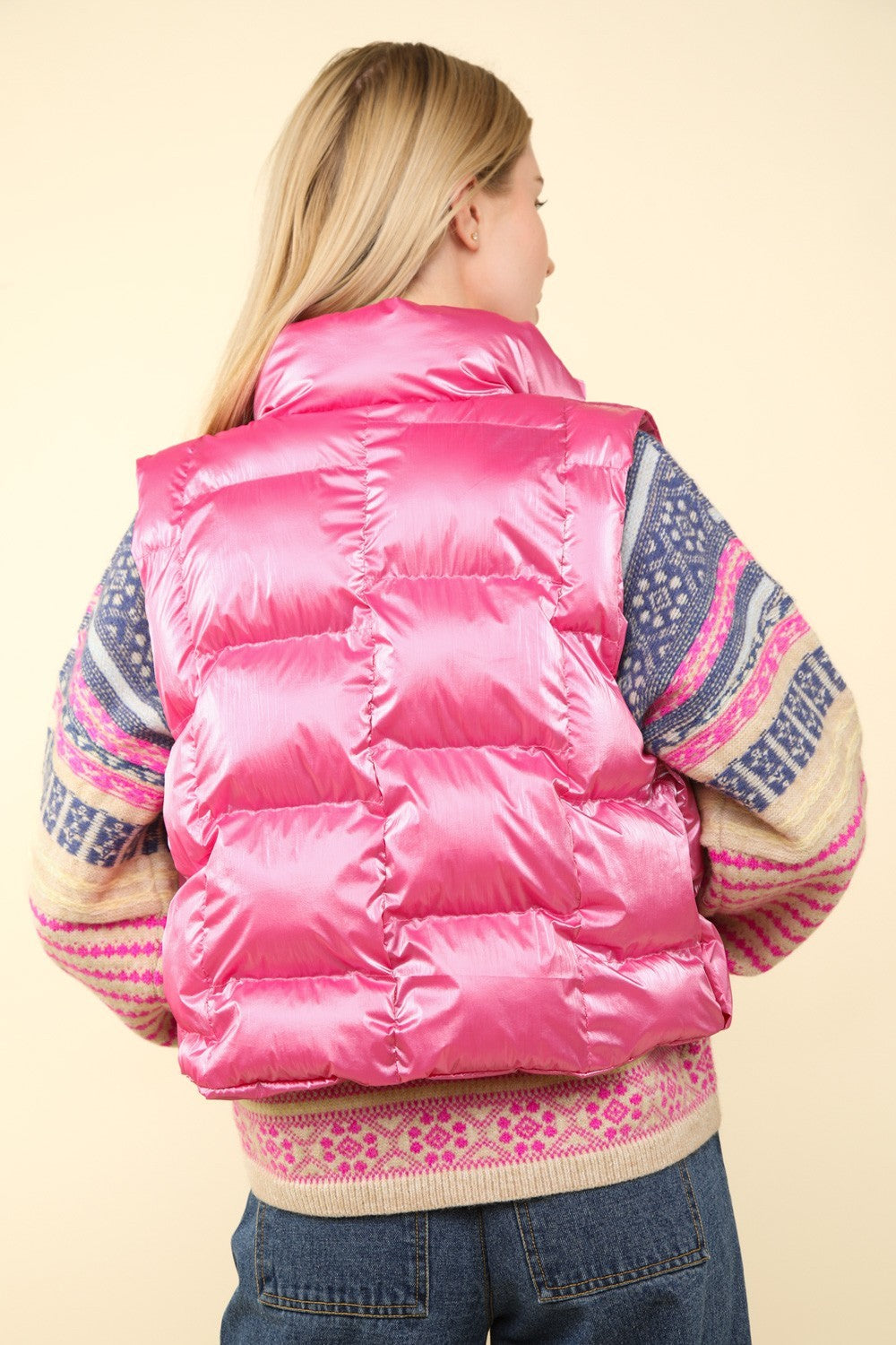 VERY J Shiny Metallic Zip Up Puffer Vest - Tigbul's Variety Fashion Shop