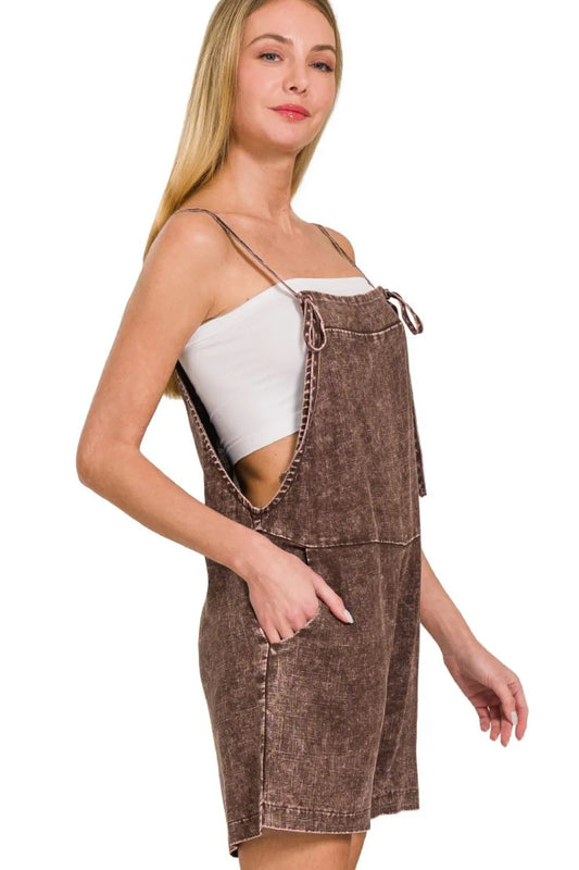 Brown Washed Linen Knot Strap Rompers - Tigbul's Variety Fashion Shop