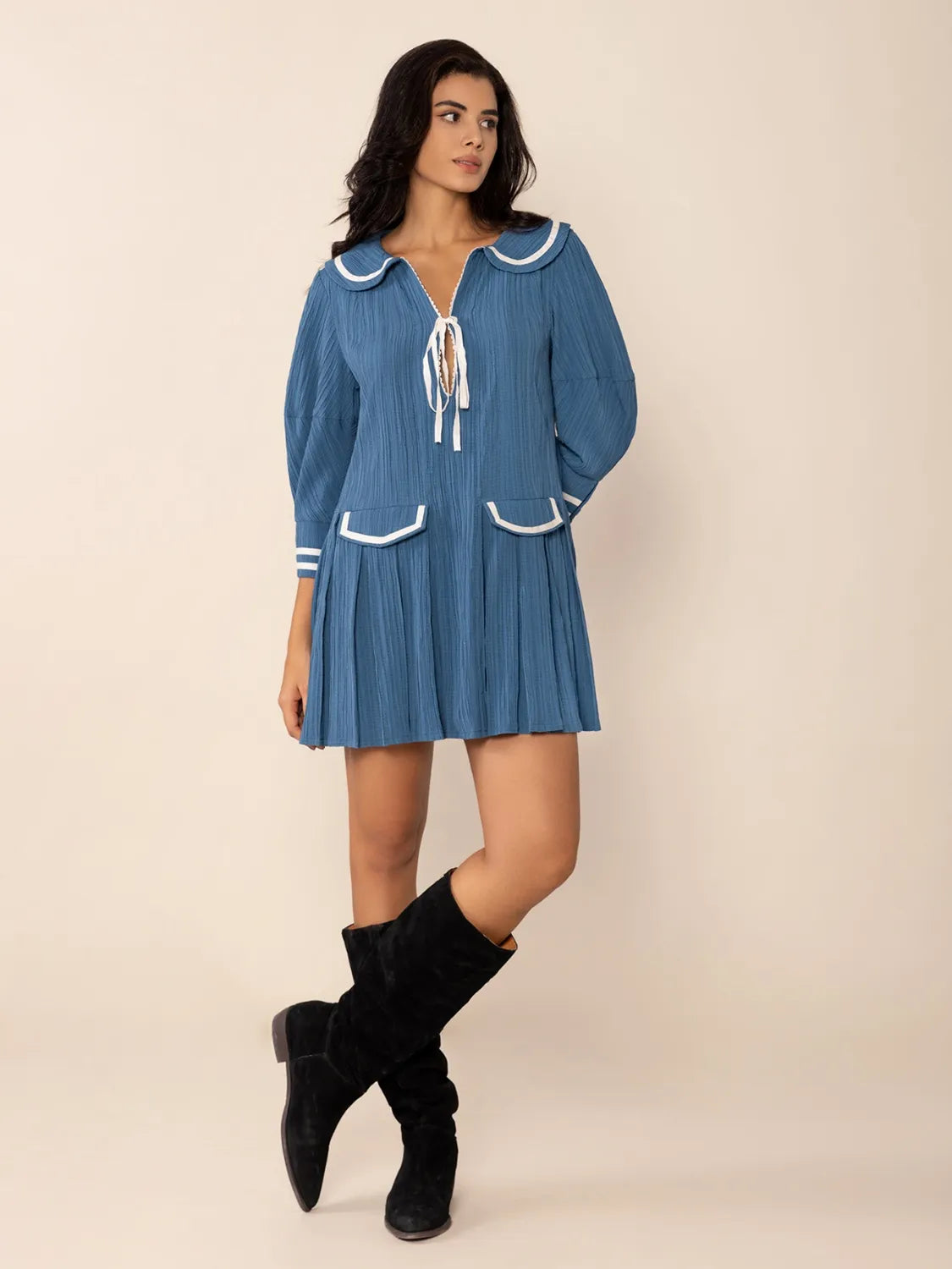 Tie Front Pleated Three-Quarter Sleeve Blue Mini Dress - Tigbul's Variety Fashion Shop