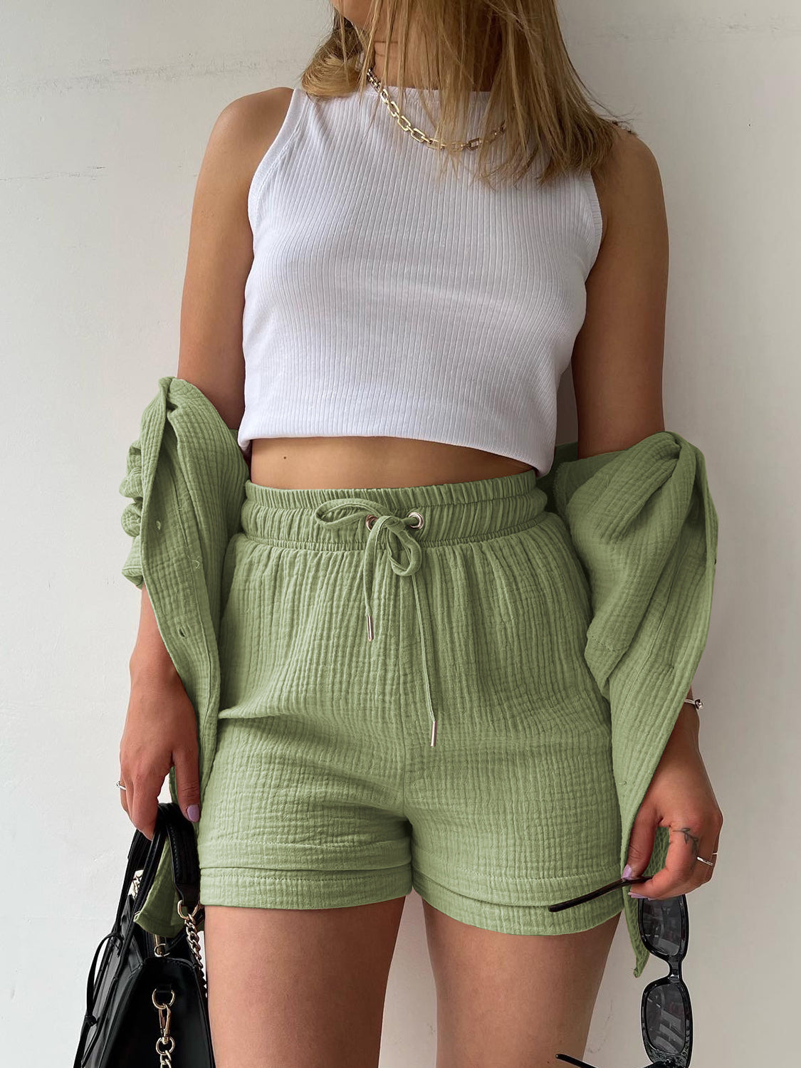 Texture Button Up Shirt and Drawstring Shorts Set - Tigbuls Variety Fashion