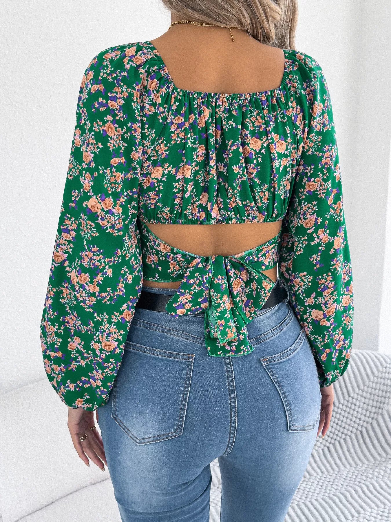 Floral Balloon Sleeve Square Neck Crop Blouse - Tigbul's Variety Fashion Shop