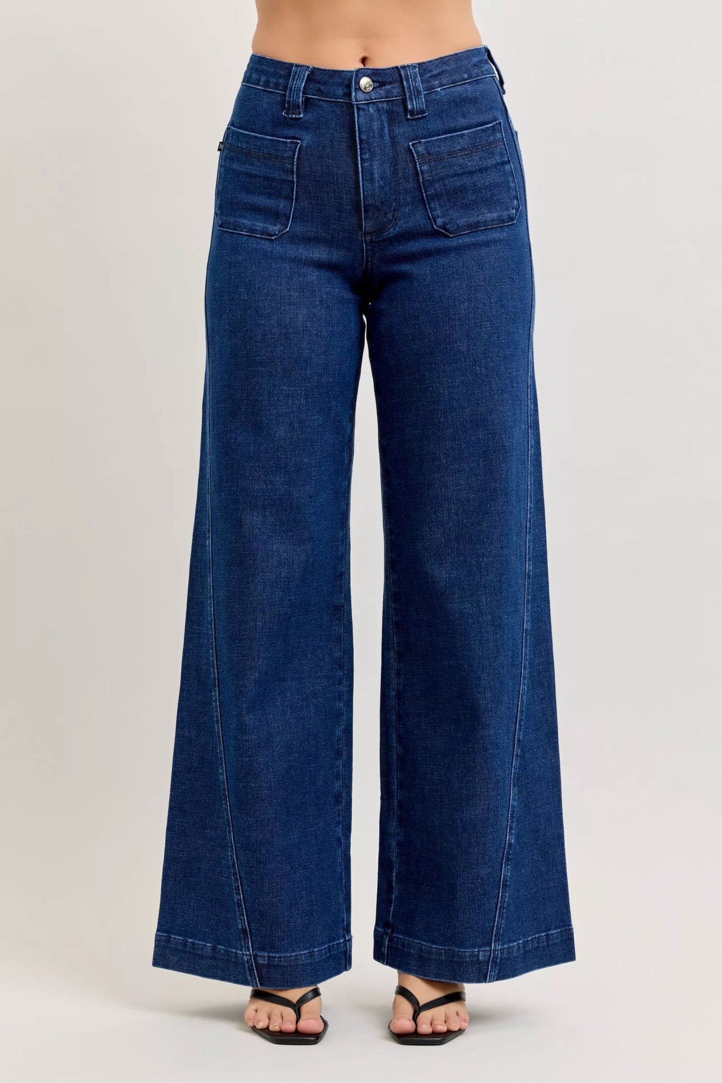 Judy Blue High-Waisted Retro Wide Jeans with Patch Pkts & Twisted Seams - Tigbul's Variety Fashion Shop