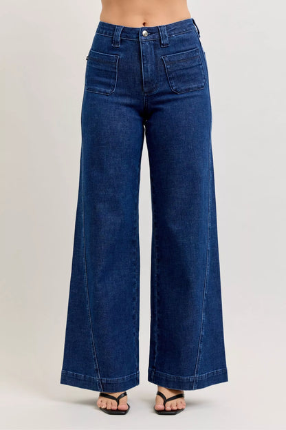 Judy Blue High-Waisted Retro Wide Jeans with Patch Pkts & Twisted Seams - Tigbul's Variety Fashion Shop