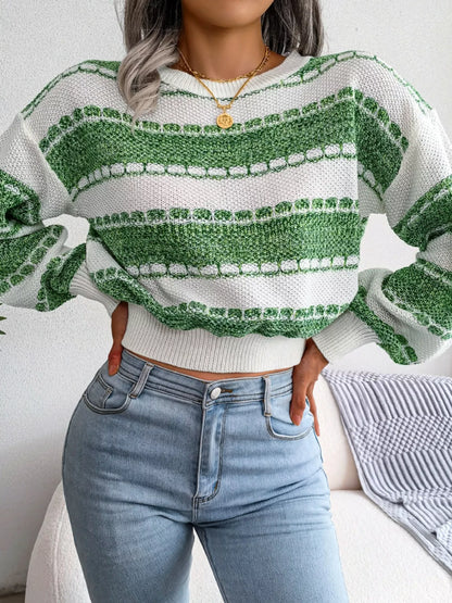 Color Block Round Neck Cropped Sweater - Tigbul's Variety Fashion Shop