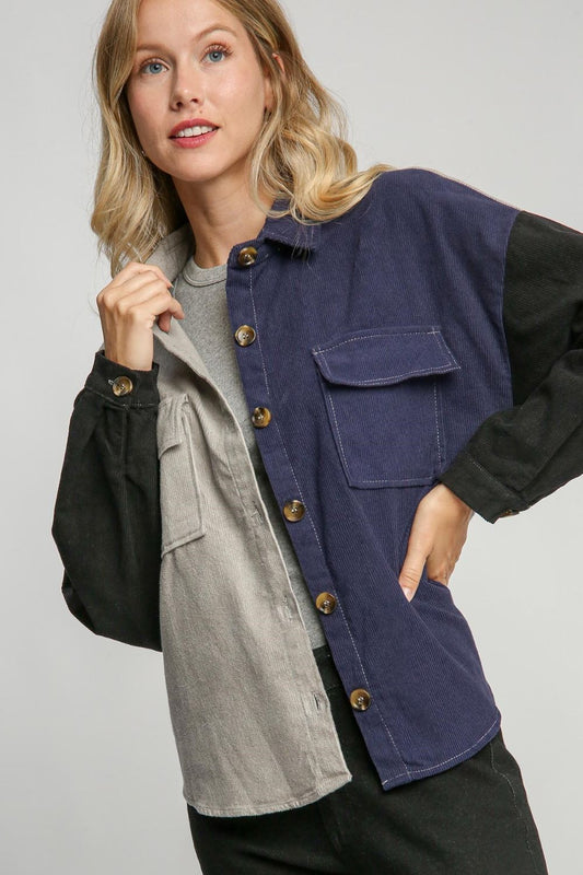 Umgee Full Size Color Block Button Down Jacket Plus Size - Tigbul's Variety Fashion Shop