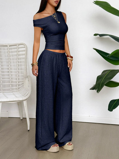 One Shoulder Top and Wide Leg Pants Set - Tigbul's Variety Fashion Shop