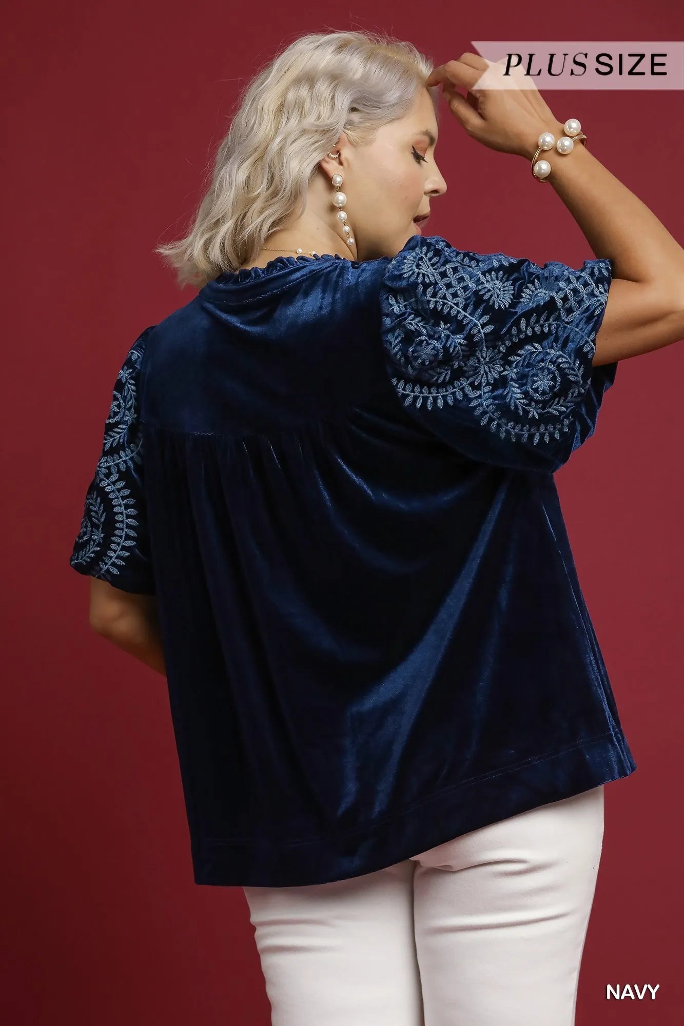 Umgee Full Size Velvet Embroidered Sleeve Blouse Plus Size - Tigbul's Variety Fashion Shop
