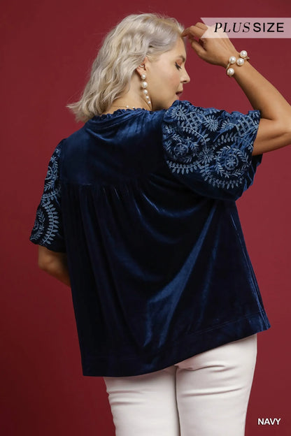 Umgee Full Size Velvet Embroidered Sleeve Blouse Plus Size - Tigbul's Variety Fashion Shop