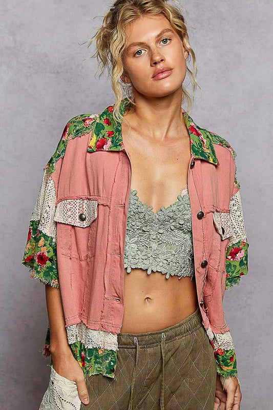 POL Lace Patch Floral Half Sleeve Shacket - Tigbul's Variety Fashion Shop