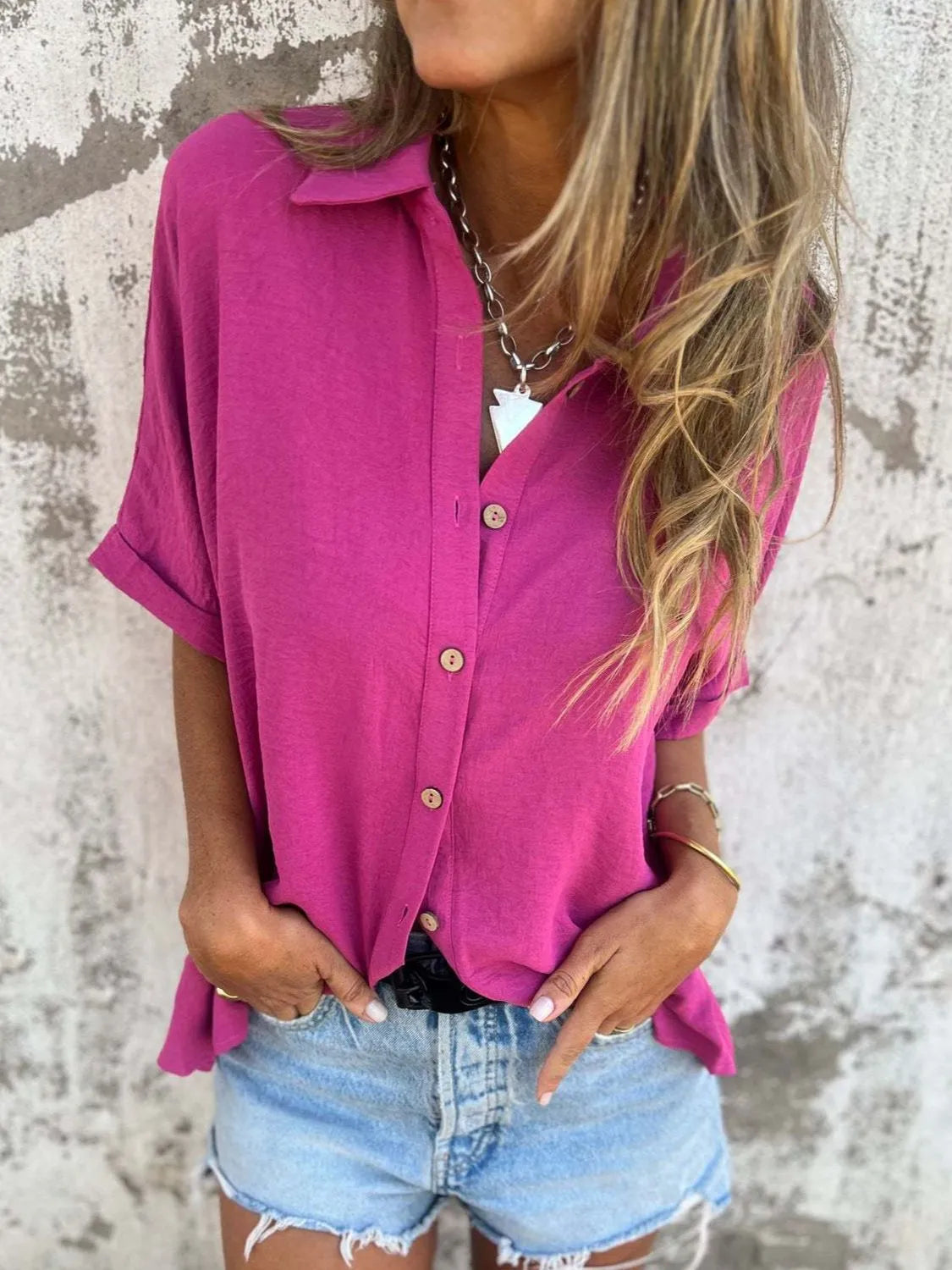 Full Size Collared Neck Half Sleeve Shirt - Tigbul's Variety Fashion Shop