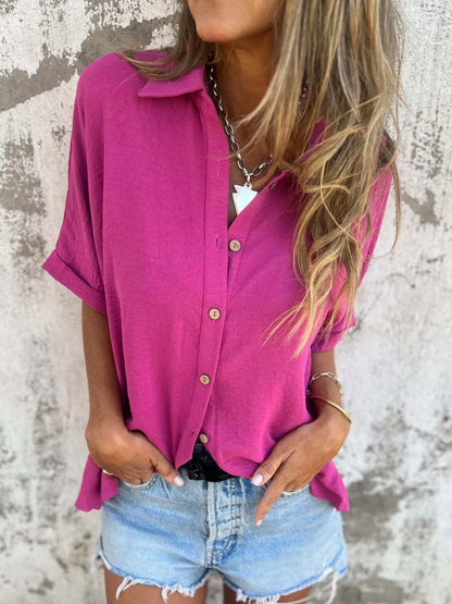 Full Size Collared Neck Half Sleeve Shirt - Tigbul's Variety Fashion Shop
