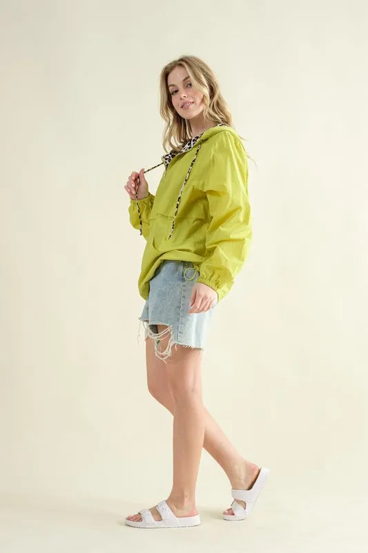 Lime Color Leopard Print Hoodie Zipper Up Pocket Windbreaker - Tigbul's Variety Fashion Shop