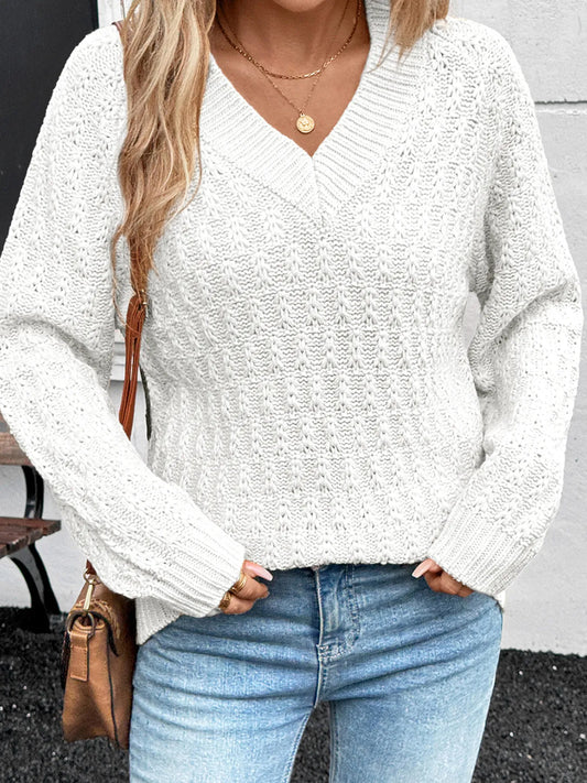 Textured Knit Ribbed Edge V Neck Loose Sweater - Tigbul's Variety Fashion Shop