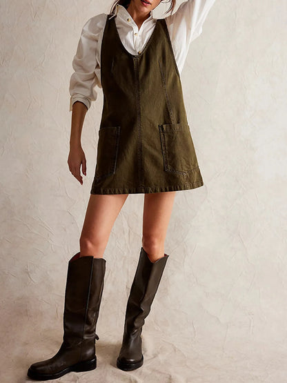 Oversized V-Neck Denim Tank Dress with Front Pockets - Tigbul's Variety Fashion Shop