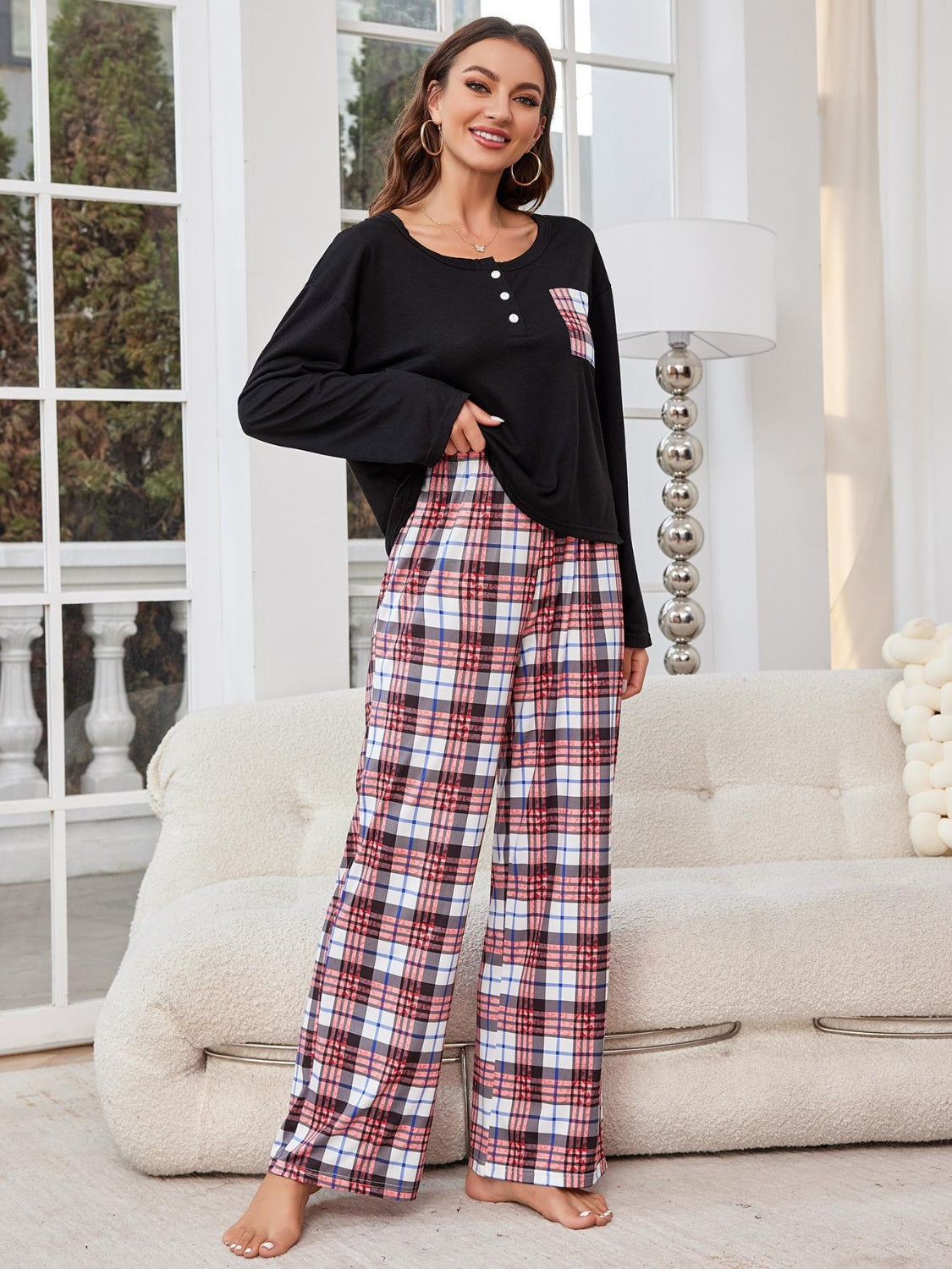 Round Neck Long Sleeve Top and Plaid Pants Lounge Set - Tigbul's Variety Fashion Shop