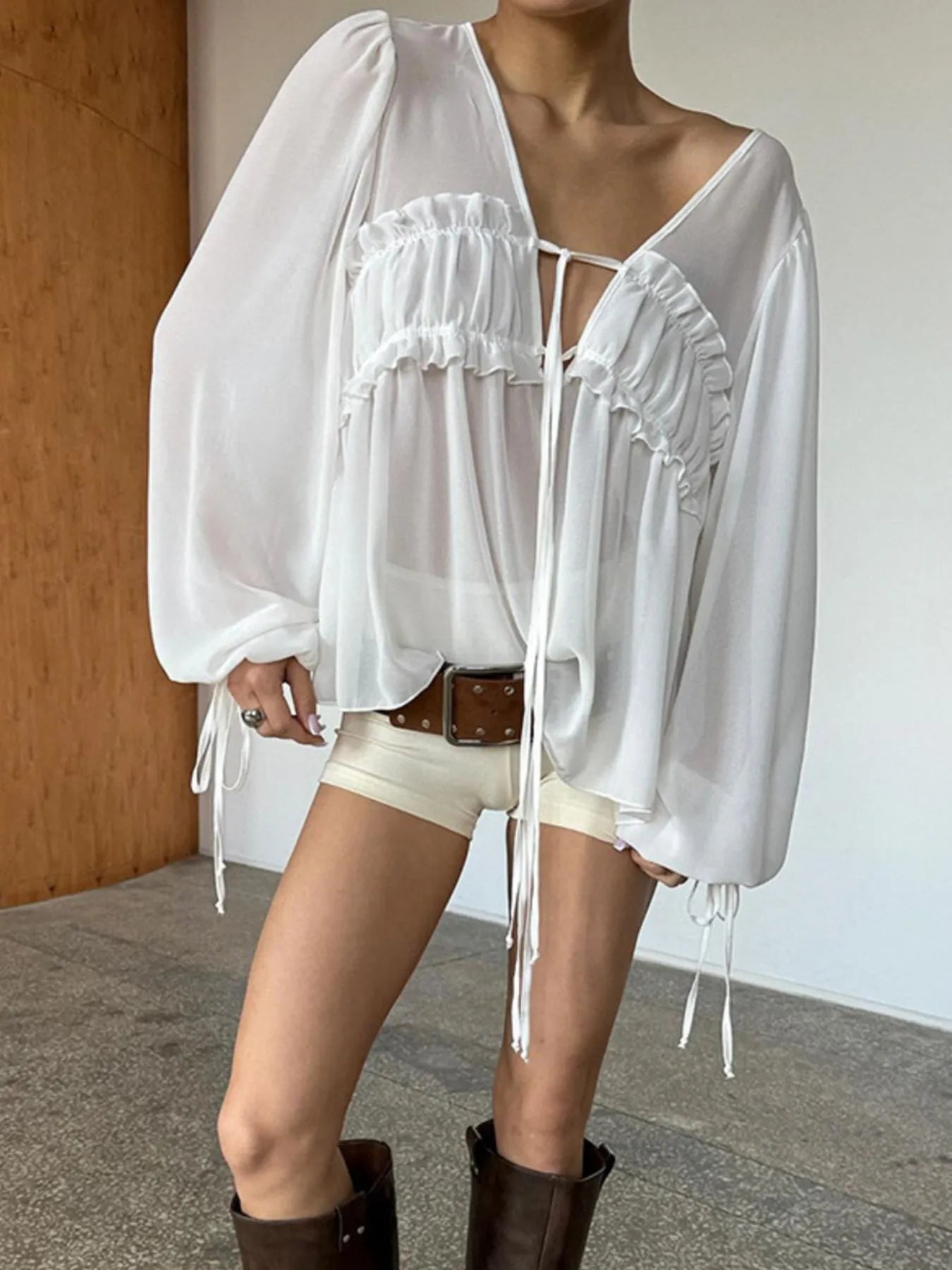 Ruffled Tie Front Long Sleeve Blouse - Tigbul's Variety Fashion Shop