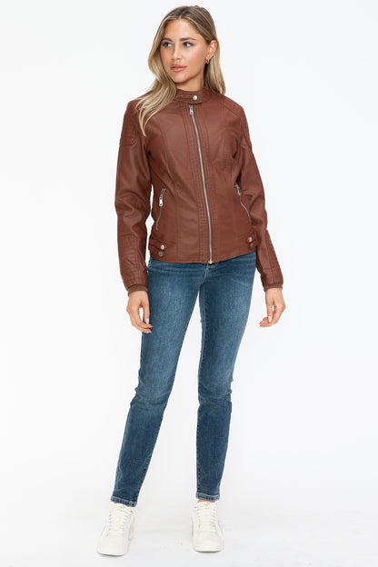 Brown Faux Leather Biker Jacket with Side Zip Pockets