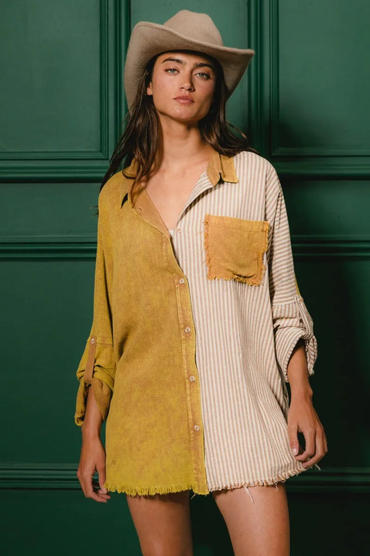 Washed Raw Hem Shirt - Tigbul's Variety Fashion Shop