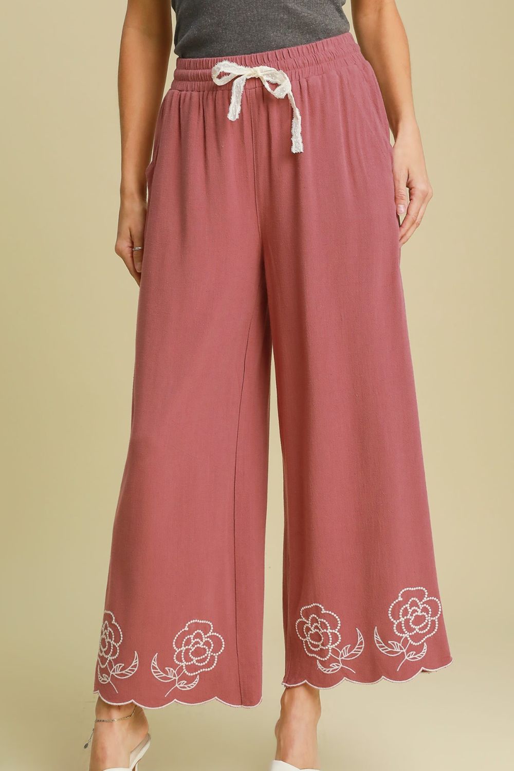 Umgee Full Size Linen Blend Wide Leg Pants with Scalloped Hemline Plus Size - Tigbul's Variety Fashion Shop