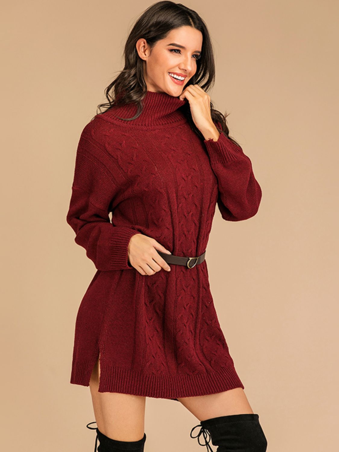 Perfee Slit Turtleneck Long Sleeve Mini Sweater Dress - Tigbul's Variety Fashion Shop